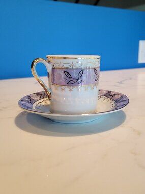 Vintage Lavender Porcelain Demitasse Espresso Cup & Saucer Set Gold Gilt